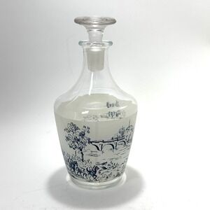 French Glass Liquor Decanter w/ Stopper Country Sea Coastal Blue White Bottle